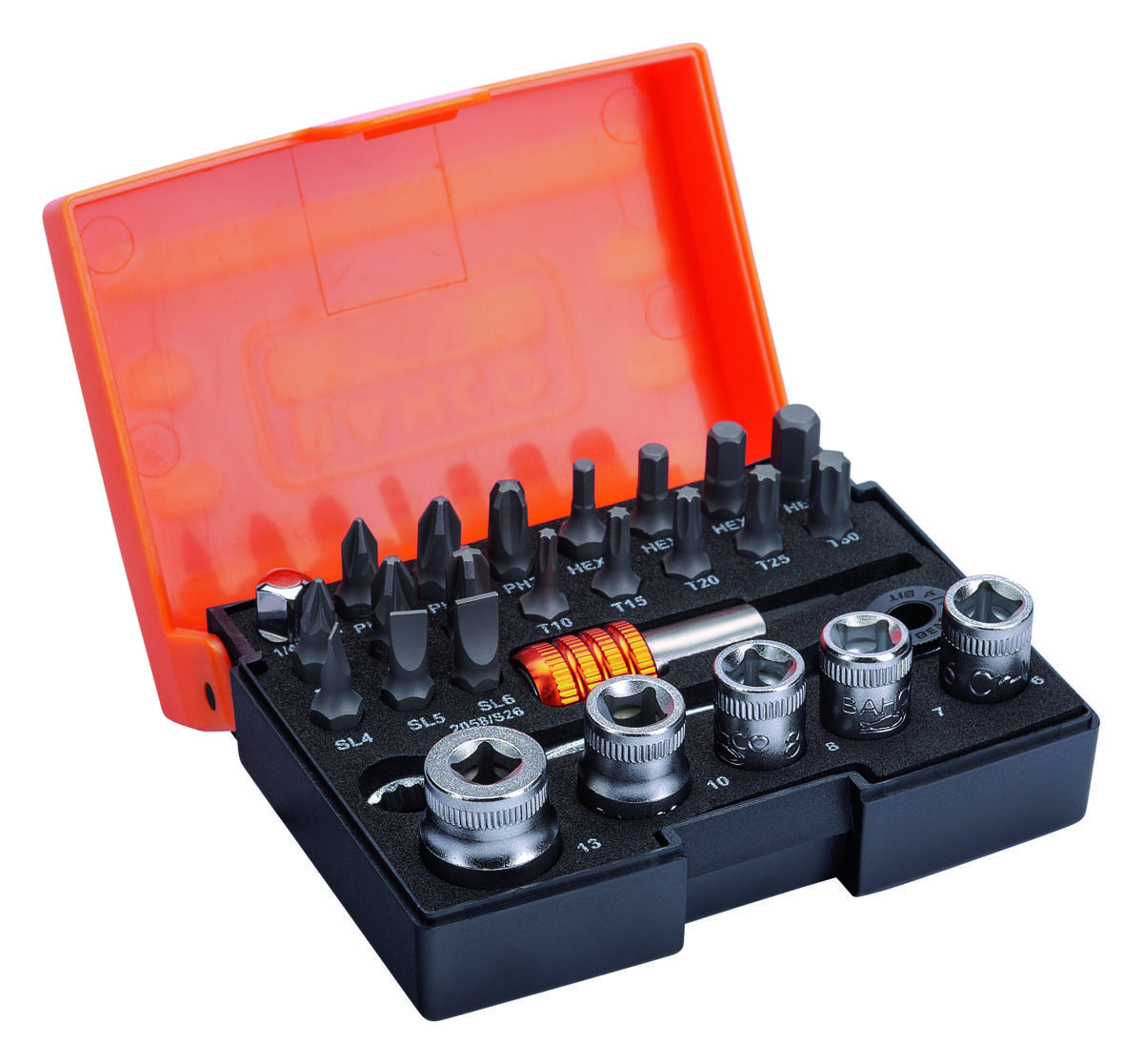 Uzgaļu komplekts ar uzgaļu uzgriežņu atslēgu 6-13mm PH,PZ,SL,HEX,TX, 26 gab