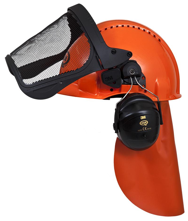 Complete head protector with metal net visor, visor cap, ear muffs and neck cover