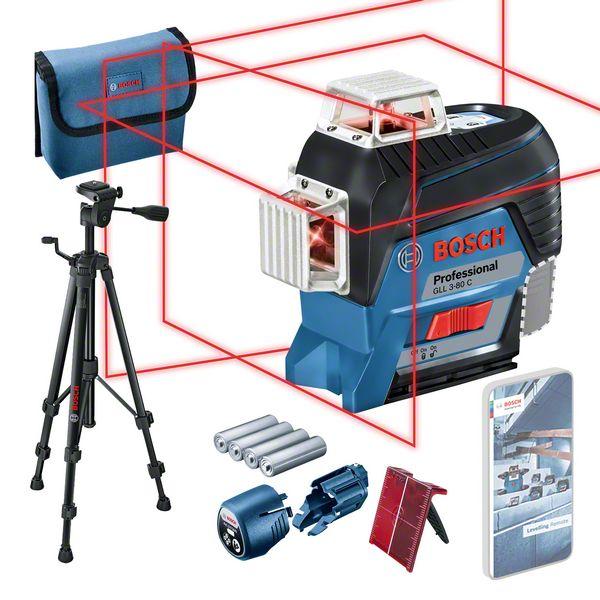 Līniju lāzers Bosch GLL 3-80 C, AA1, BT 150, ± 0.2 mm/m, 30 - 120 m