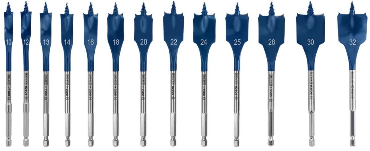 Flat wood drill bit set 10-32 mm, 1/4 hex shank, 13-pcs