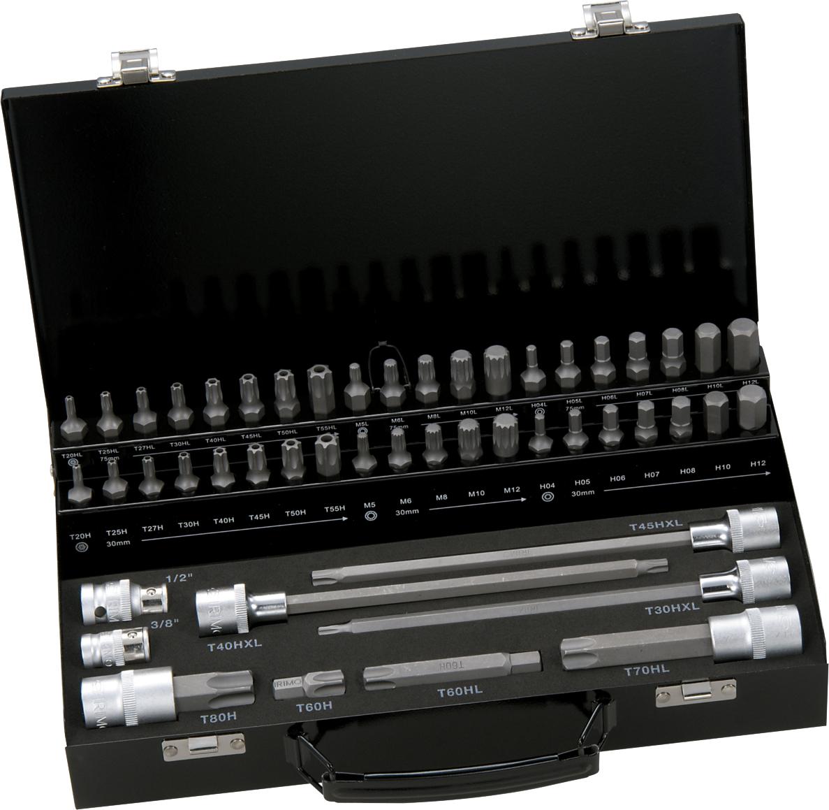 Bit set 49 pcs XZN, Torx, Hex, 30mm, 75mm and 200mm with adapter 10mm drive, in metal box Irimo