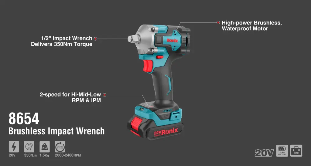 20V Brushless impact wrench 1/2 inch-350Nm