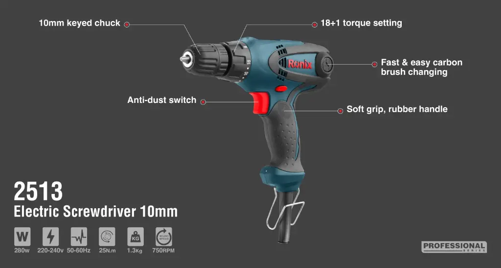 Electric screwdriver 280W-25N.m 10 mm